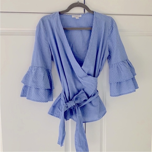 🖤5/$25 beachlunchlounge Blue Striped Ruffle Sleeve Blouse - Picture 11 of 12